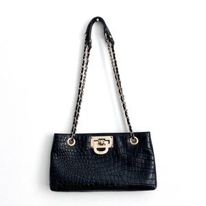 DKNY Black Croc Print Bag with Quilted Chain Straps